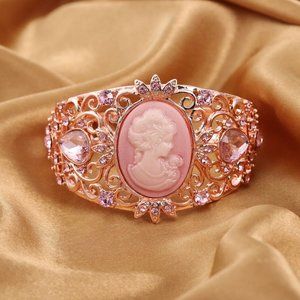 Pink Cameo and Pink SWAROVSKI Crystal and Glass Bangle Bracelet in Rose Tone